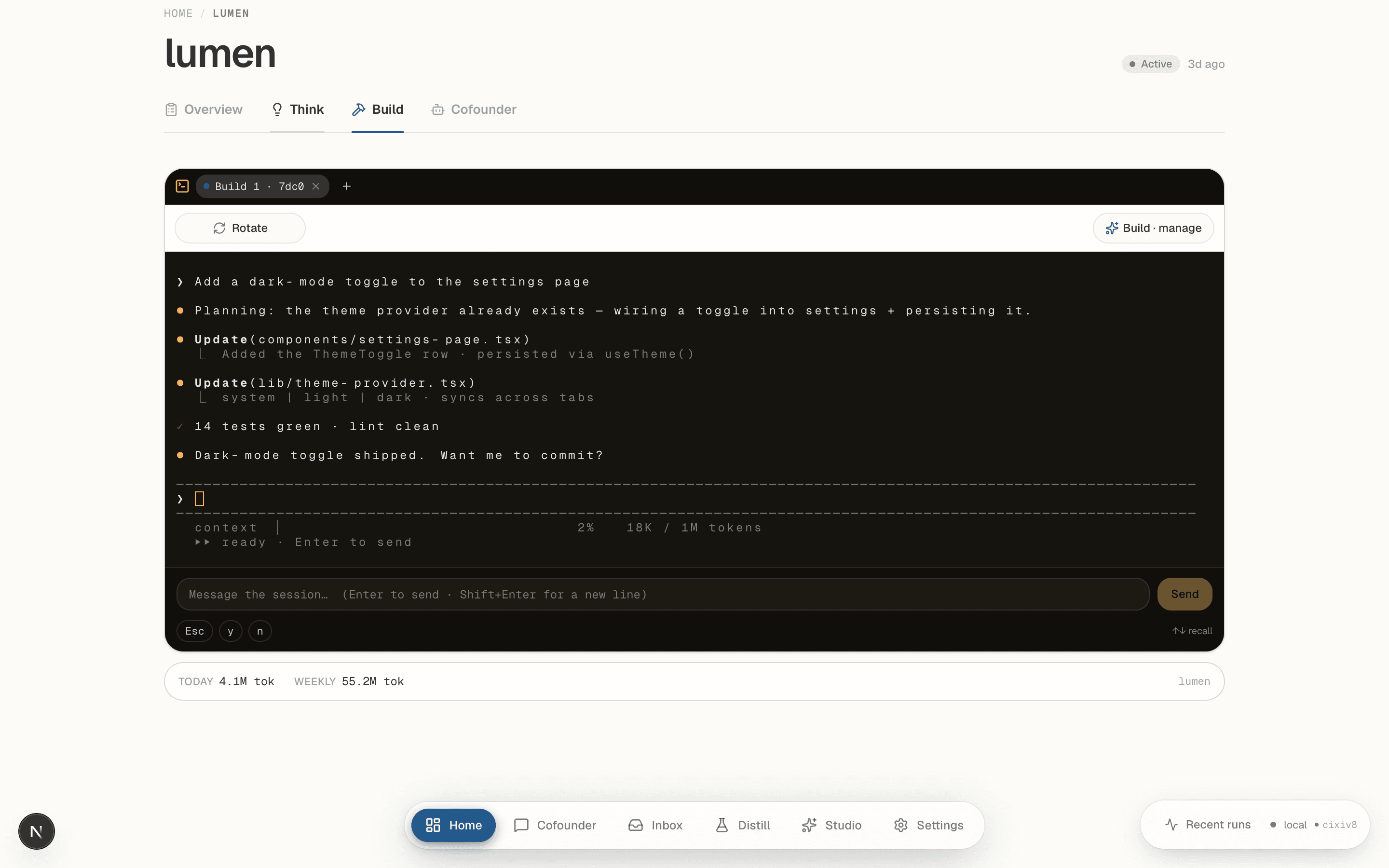 The Kedge build station: a live Claude session shipping a feature, driven from a clean chat composer.